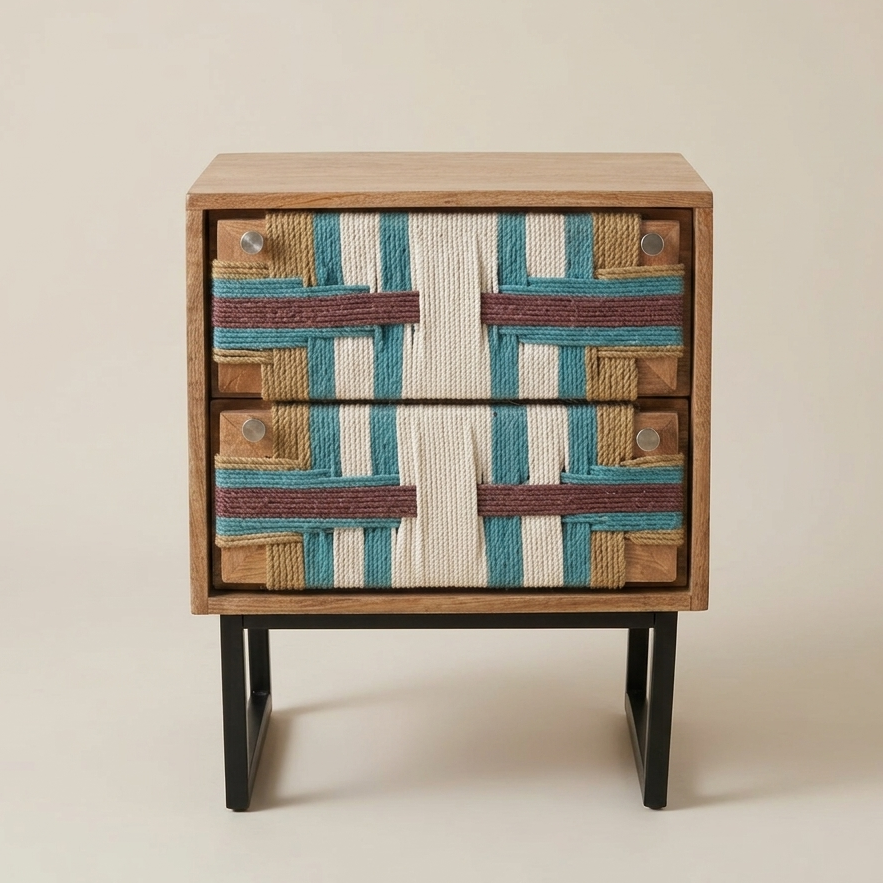 Handcrafted wooden nightstand with handwoven jute drawer fronts in geometric teal and natural pattern