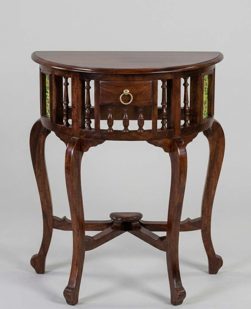 Handcrafted Sheesham wood colonial D shaped console table with spindle design and drawer