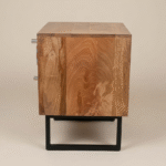 Handcrafted wooden nightstand with handwoven jute drawer fronts in geometric teal and natural pattern