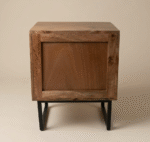 Handcrafted wooden nightstand with handwoven jute drawer fronts in geometric teal and natural pattern