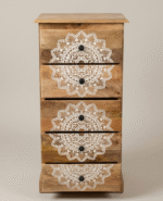 Handcrafted mango wood mandala chest of drawers tall wooden storage cabinet with white carved pattern