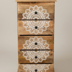 Handcrafted mango wood mandala chest of drawers tall wooden storage cabinet with white carved pattern