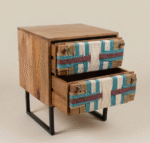 Handcrafted wooden nightstand with handwoven jute drawer fronts in geometric teal and natural pattern