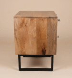 Handcrafted wooden nightstand with handwoven jute drawer fronts in geometric teal and natural pattern