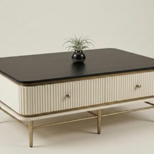 Modern fluted coffee table with black top, ribbed drawers and gold metal base
