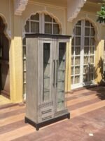 Vintage distressed wooden glass wardrobe with shelves and bottom drawers