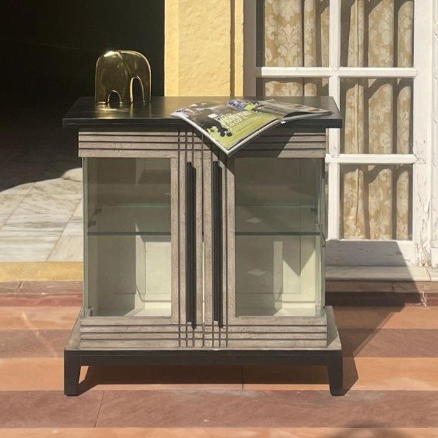 Vintage distressed wooden cabinet with glass doors