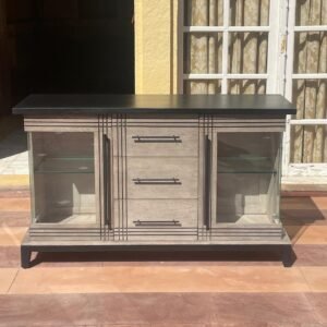 Vintage distressed wooden sideboard with glass doors and central drawers
