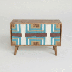 Handwoven jute wooden cabinet with geometric teal and natural pattern