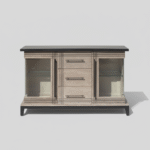 Vintage distressed wooden sideboard with glass doors and central drawers