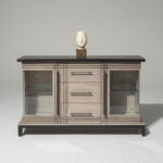 rustic buffet cabinet with black top and display storage for dining or living room