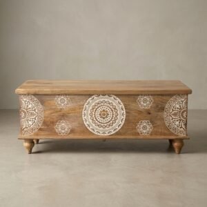 natural wood trunk box with decorative front and sturdy legs for home storage or coffee table use