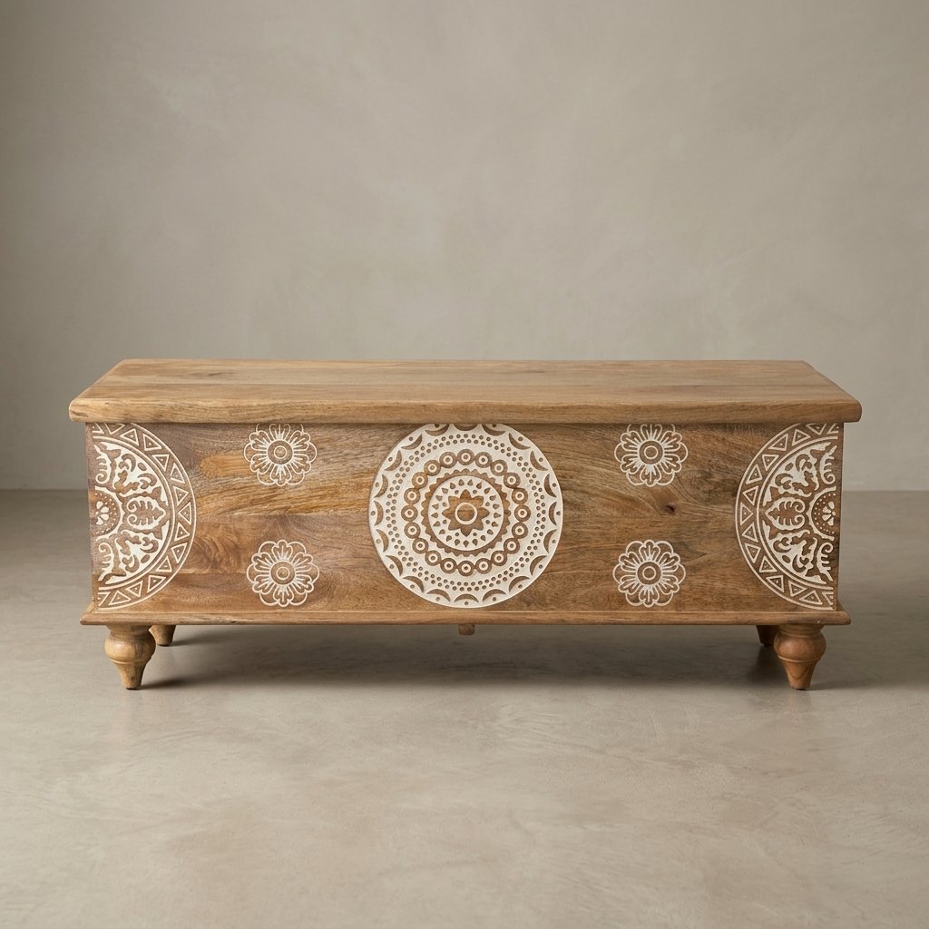 natural wood trunk box with decorative front and sturdy legs for home storage or coffee table use