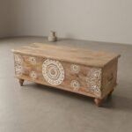 Hand-carved wooden storage chest with mandala floral pattern
