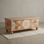 Hand-carved wooden storage chest with mandala floral pattern