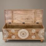 natural wood trunk box with decorative front and sturdy legs for home storage or coffee table use