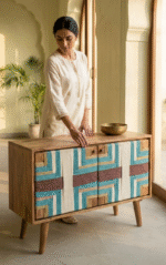 Handwoven jute wooden cabinet with geometric teal and natural pattern
