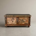Reclaimed wood vintage storage chest with patchwork front panels
