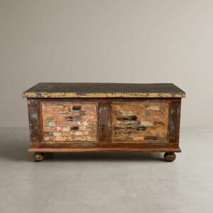 Reclaimed wood vintage storage chest with patchwork front panels