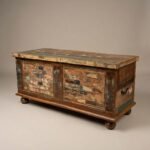 Reclaimed wood vintage storage chest with patchwork front panels