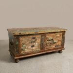 Reclaimed wood vintage storage chest with patchwork front panels