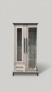 Vintage distressed wooden glass wardrobe with shelves and bottom drawers