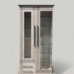 Vintage distressed wooden glass wardrobe with shelves and bottom drawers