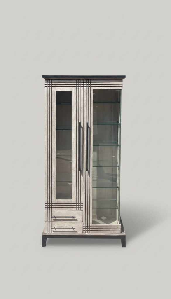 Vintage distressed wooden glass wardrobe with shelves and bottom drawers