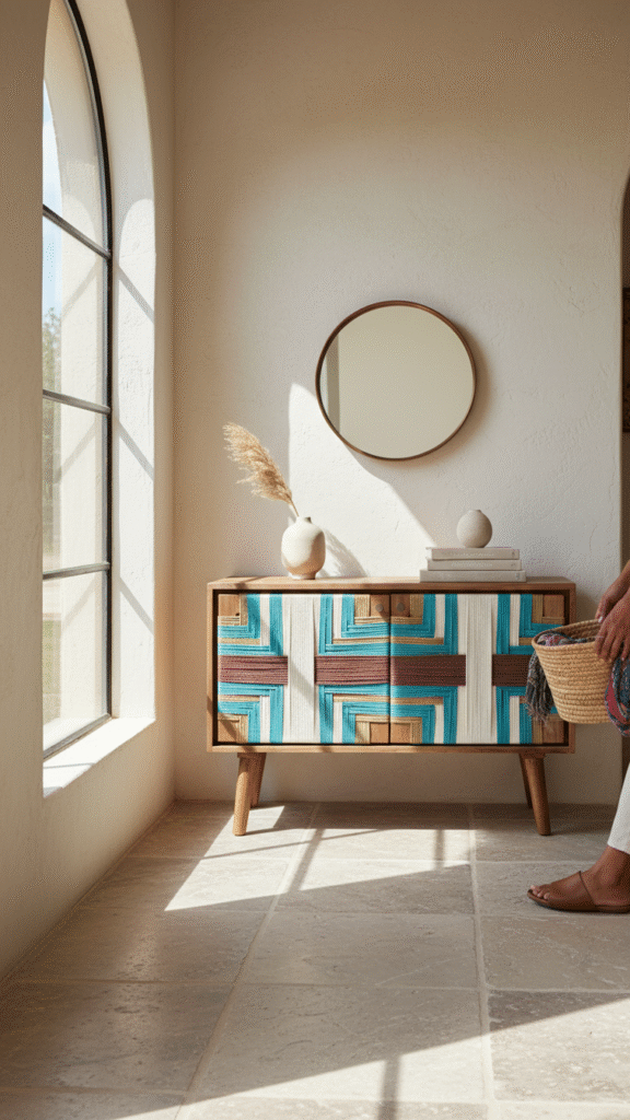 Handwoven jute wooden cabinet with geometric teal and natural pattern