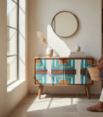 Handwoven jute wooden cabinet with geometric teal and natural pattern