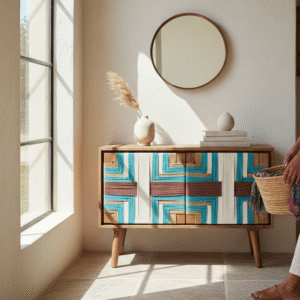 Handwoven jute wooden cabinet with geometric teal and natural pattern