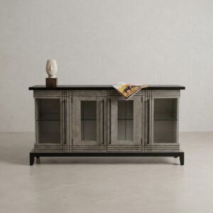 modern display cabinet with dark top and large storage for dining or living room