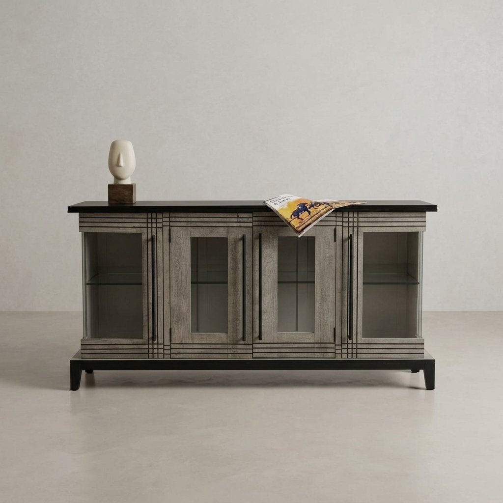 modern display cabinet with dark top and large storage for dining or living room