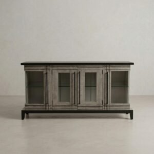 modern display cabinet with dark top and large storage for dining or living room