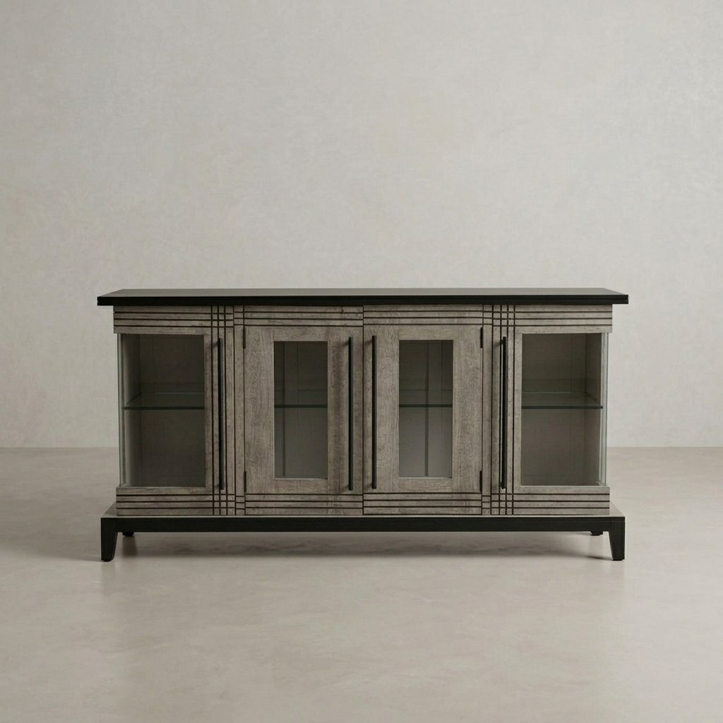 modern display cabinet with dark top and large storage for dining or living room