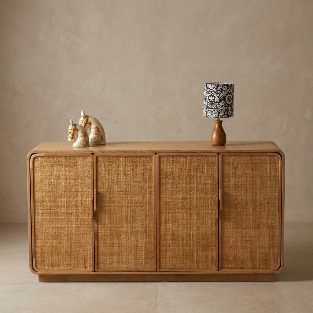 natural rattan cabinet with minimalist design and storage for living or dining room