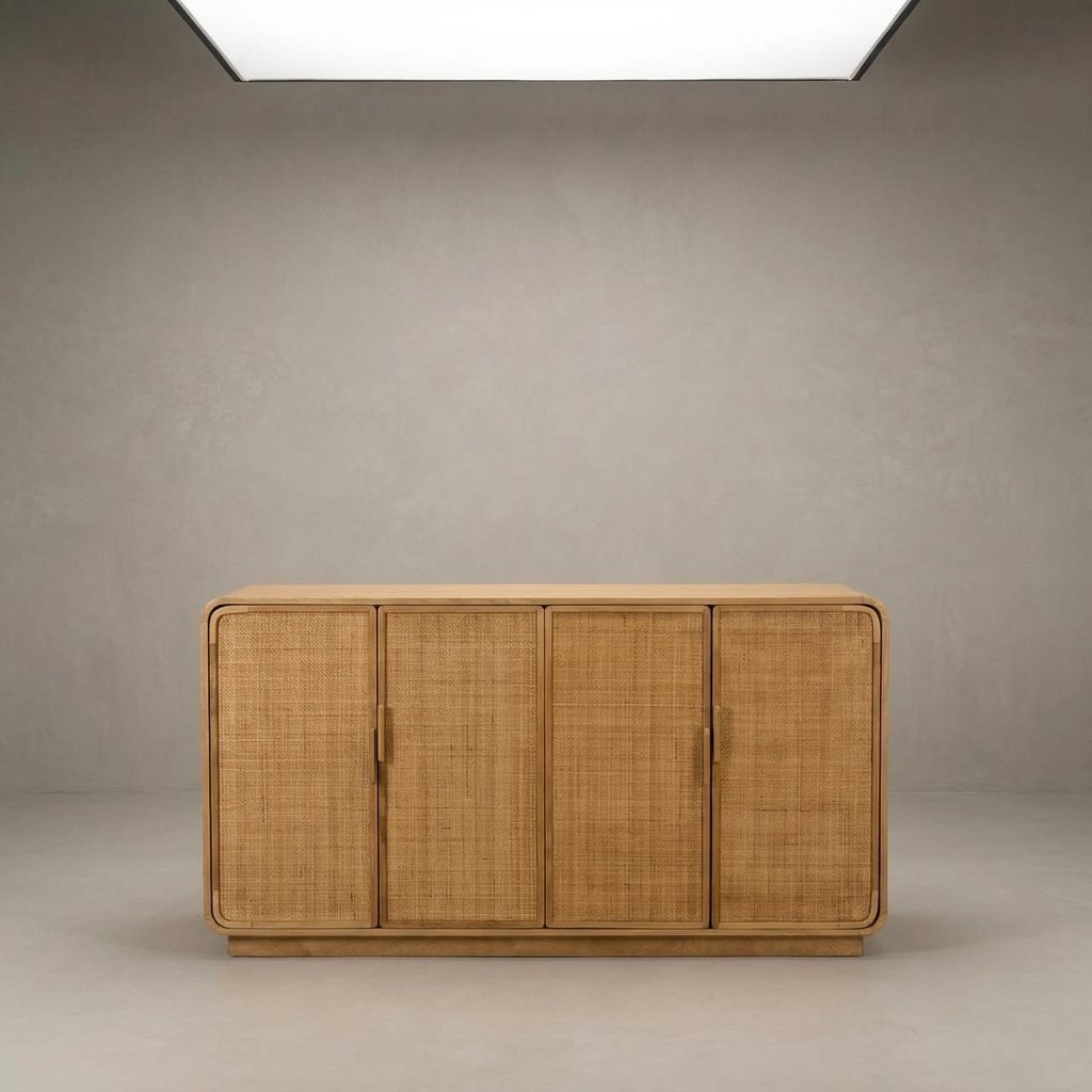 natural rattan cabinet with minimalist design and storage for living or dining room