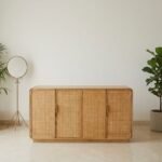 natural rattan cabinet with minimalist design and storage for living or dining room