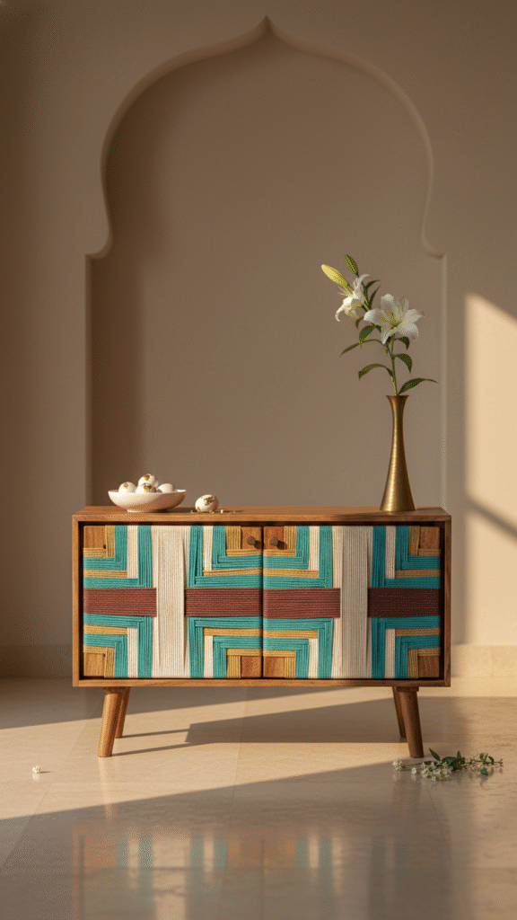 Handwoven jute wooden cabinet with geometric teal and natural pattern
