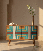 Handwoven jute wooden cabinet with geometric teal and natural pattern
