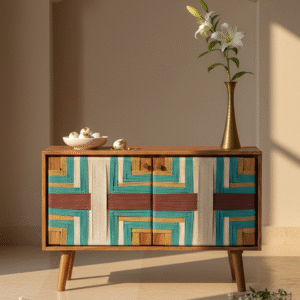 Handwoven jute wooden cabinet with geometric teal and natural pattern