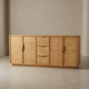 Wooden sideboard with cane fitted doors and drawers