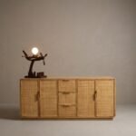 Wooden sideboard with cane fitted doors and drawers