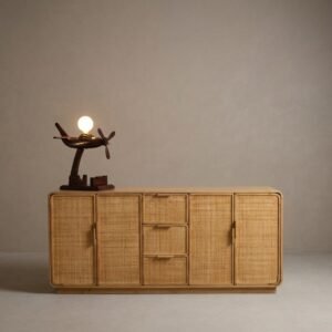Wooden sideboard with cane fitted doors and drawers