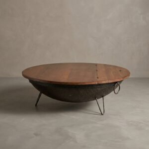 Antique iron kadhai coffee table with teak wood top