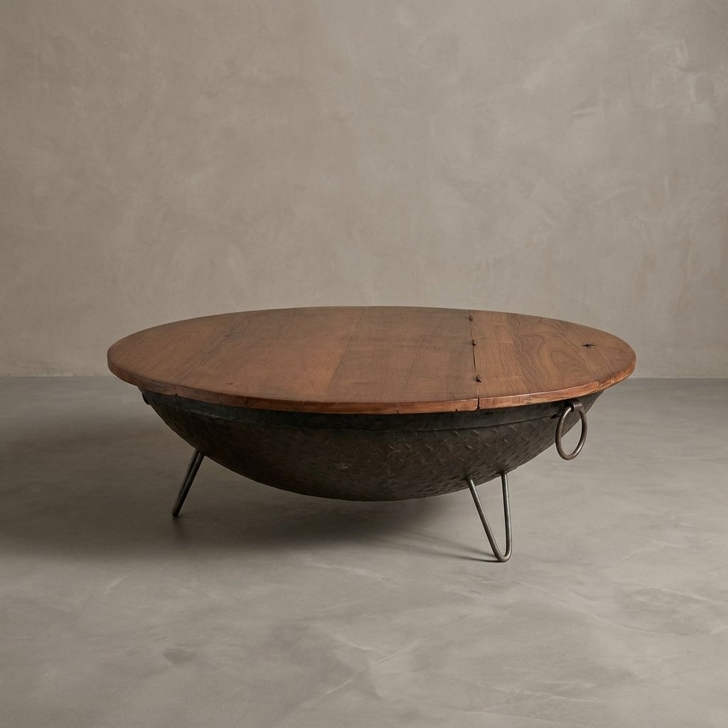 Antique iron kadhai coffee table with teak wood top