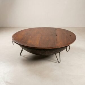 Antique iron kadhai coffee table with teak wood top