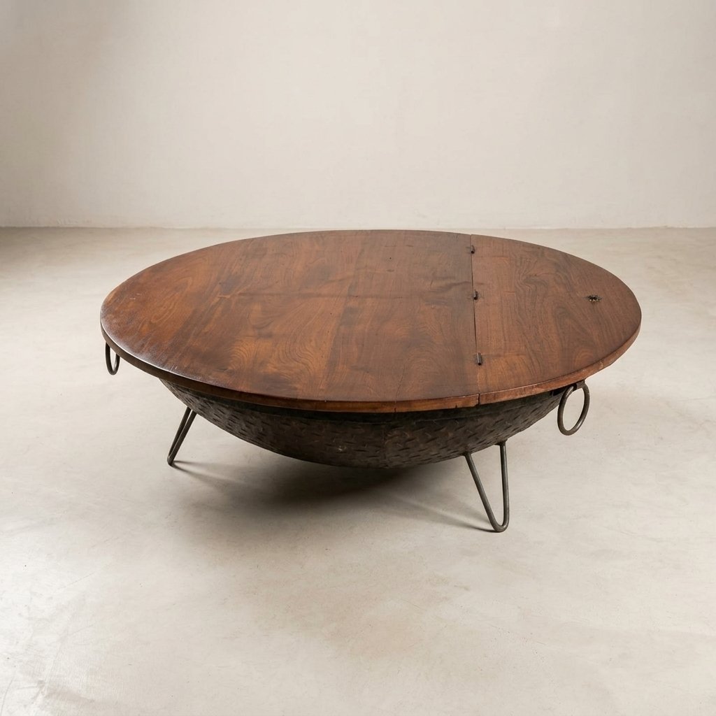Antique iron kadhai coffee table with teak wood top