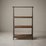 Rustic sleeper wood and iron display stand with three shelves