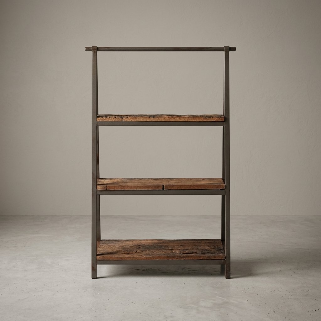 Rustic sleeper wood and iron display stand with three shelves